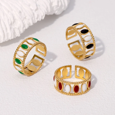 Bague Géométrique En Émail En Acier Inoxydable Plqué Or Style Français Vintage Bague Ajustable Ouverte Bijoux Pour Femmes