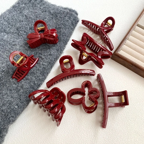 Pinza Para El Cabello Grande Roja Elegante Resina Plástica Con Resorte Metálico Para Accesorio De Peinado Mujer