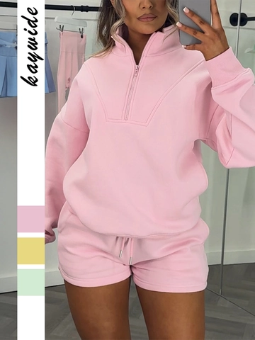 Women Long Sleeve Quarter Zip Sweatshirt And Drawstring Shorts Casual Loungewear Solid Color Sporty Outfit