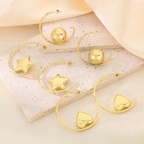 Pendientes De Aro Grandes Con Dije De Corazón Estrella Bola Acero Inoxidable Chapado En Oro 18K Forma C Elegante