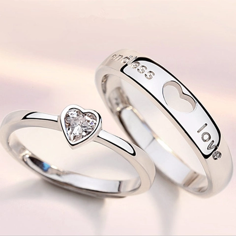 Endless Love Hart Koppel Ringen Zilveren Kleur Metaal Strass Ingelegde Verstelbare Open Ringen Voor Dames Heren Sieraden