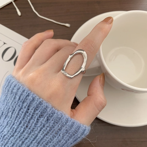 Irregular Geometric Ring 925 Sterling Silver Hollow Liquid Metal Organic Shape Adjustable Open Band For Women Minimalist