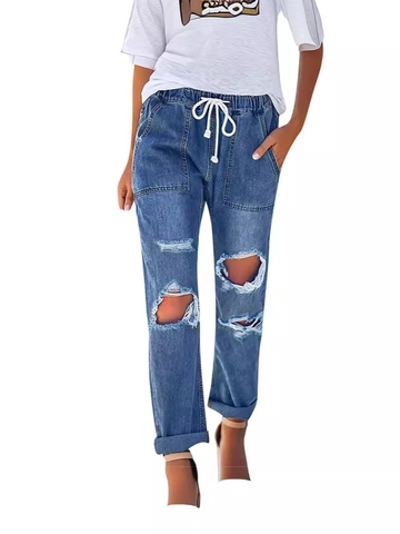 Dames Distressed Denim Jeans Elastische Taille Trekkoord Rechte Pijpen Gescheurd Casual Enkellang Zakken