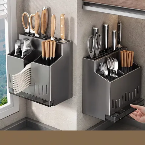 Portacoltelli Da Cucina Tubo Per Bacchette Scaffale Di Stoccaggio Integrato Acciaio Inossidabile Montaggio A Parete Vassoio Di Drenaggio Multifunzionale