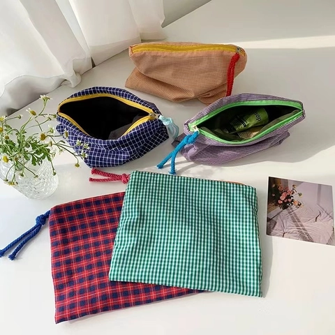 Gingham Plaid Cotton Cosmetic Pouch Travel Portable Makeup Storage Bag Zippered Fabric Toiletry Organizer Fresh Style