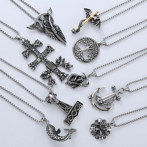 Vintage Gothic Pendant Necklace 304 Stainless Steel Hip Hop Punk Grim Reaper Cross Anchor Jewelry For Men