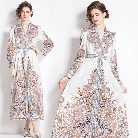Vintage Palast Stil V-Ausschnitt Maxikleid Laternenärmel Paisley Muster Einreihig Tailliertes Langes Kleid Damen