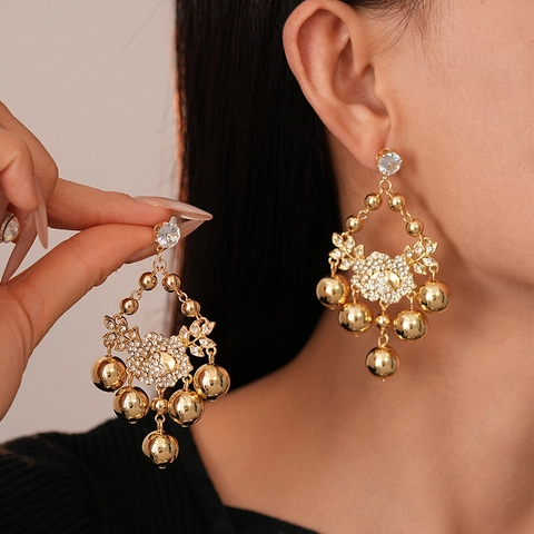 Flower Ball Tassel Drop Earrings With Silver Earring Post Copper Zircon Rhinestone Retro Statement Jewelry For Women