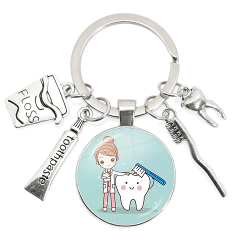 Tandarts Sleutelhanger Zinklegering Glas Cabochon Tand Tandenborstel Tandpasta Bedeltjes Cadeau Voor Tandheelkunde Student