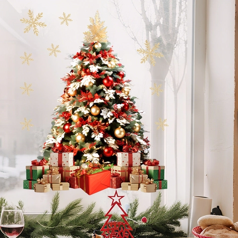 Christmas Window Stickers PVC Static Cling Xmas Tree Gift Box Gold Snowflakes Holiday Decoration Glass Surface Reusable