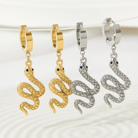 Snake Pendant Hoop Earrings Stainless Steel Gold Plated Animal Scale Texture Vintage Punk Style For Women
