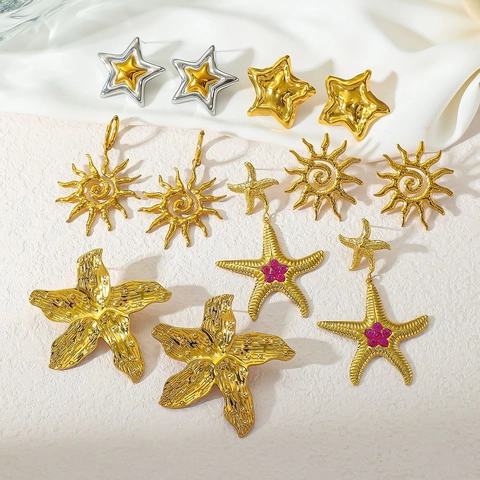 Fashion Stainless Steel Earrings 18K Gold Plated Starfish Sun Star Geometric Ocean Style Jewelry For Women