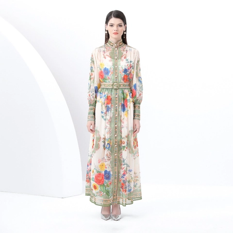 Retro Maxi-jurk Met Lange Mouwen Bloemenprint Opstaande Kraag Lantaarnmouwen Elegant Dames Met Riem