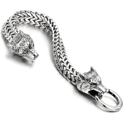 Men Stainless Steel Wolf Head Bracelet Viking Franco Link Chain Retro Animal Jewelry Gothic Punk Style Accessory