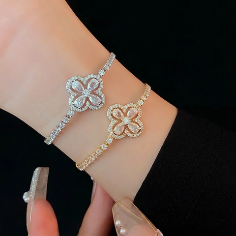 Clover Leaf Tennis Bracelet For Women Zircon Flower Motif Copper Real Gold Plated Jewelry High End Fashion Gift