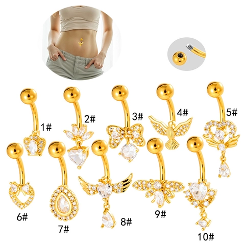 Belly Button Ring With Cubic Zirconia Stainless Steel Rod Heart Wing Crown Dangle Navel Piercing Jewelry
