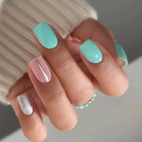 Press On Nails Glossy Square Head French Style Tiffany Blue Nude Pink Silver Glitter Artificial Fingernails For Women Elegant