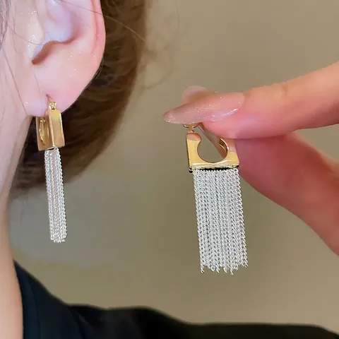 Kwastje Hangoorbellen Tweekleurig Goud En Zilver Verguld Vierkante Hoops Minimalistische Lineaire Sieraden Voor Dames