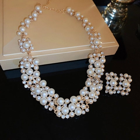 Gioielli Vintage Con Collana E Orecchini A Lobo Lega Imitazione Perla Artificial Strass Multistrato Choker Oro Donna