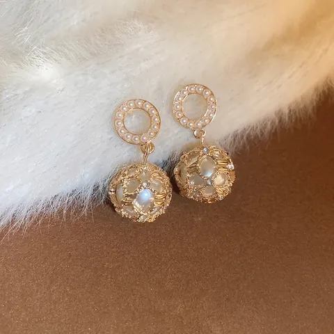 Drop Earrings Alloy Faux Artificial Pearl Rhinestone Hollow Cage French Retro Style Jewelry With Silver Earring Post