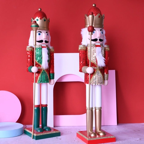 Wooden Nutcracker King Soldier Puppet Christmas Ornament Painted Glitter Sequin Decorative Traditional Holiday Scepter