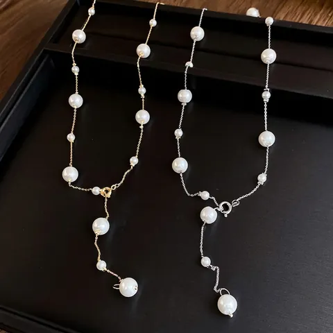 Collier Lariat Künstliche Perle Élégant En Forme De Y Longue Chaîne De Pull Pour Femmes Künstliche Perle D'Imitation Bijoux Minimalistes Plaqués Or Argent