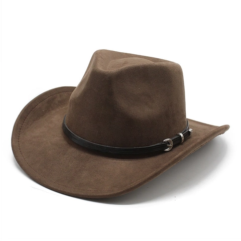 Chapeau De Cow-Boy Western Suède Large Bord Rétro Fedora Avec Boucle De Ceinture Protection Solaire Extérieur Pour Hommes Femmes