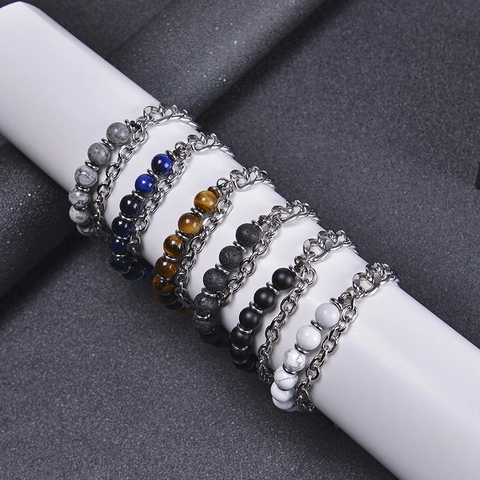 Double Layer Natural Stone Beads Bracelet Stainless Steel Link Chain Adjustable Punk Fashion Jewelry For Men Unisex