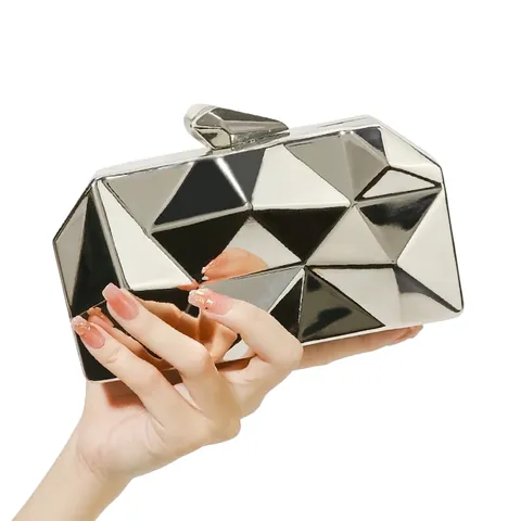 Geometric Multifaceted Evening Clutch Bag Acrylic Hard Shell Metallic Luster Handbag With Removable Metal Chain For Party