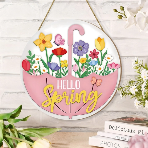 Hello Spring Holz Türschild Rund Blumen Schirm Wanddeko Mit Hanfseil Für Garten Und Veranda Dekoration