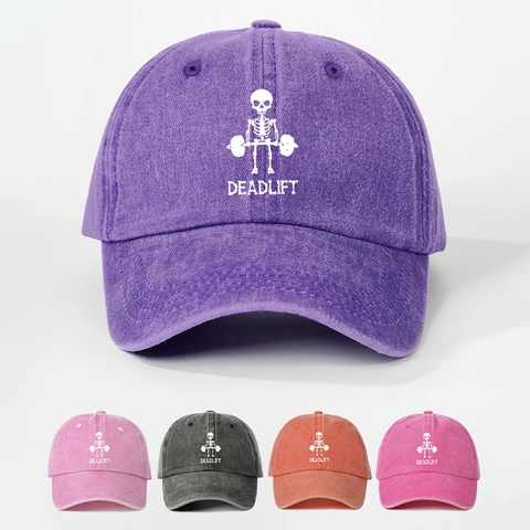 Washed Polyester Baseball Cap Vintage Distressed Skeleton Deadlift Print Adjustable Sun Hat Retro Fitness Gym Headwear