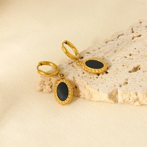 Retro Stainless Steel Resin Oval Pendant Earrings 18K Gold Plated Waterproof Elegant Hoop Drop Earrings For Women Jewelry