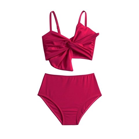 Mädchen Kinder Nylon Bikini Oberteil Und Hohe Taille Hose Knoten Schleife Strand Schwimmbad Urlaub Tropischer Druck