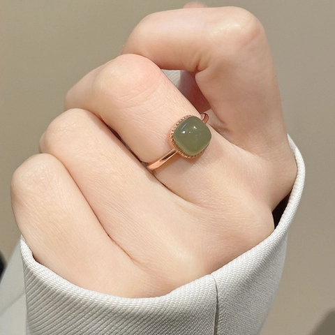 Retro Quadratischer Künstlicher Jade Verstellbarer Ring Kupfer Vintage Chinesischer Stil Geometrischer Offener Fingerschmuck Damen