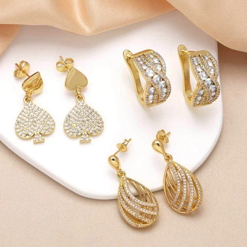 Gold Plated Copper Zirconia Stud Earrings For Women Heart Waterdrop Interwoven Hoop Fashion Jewelry Commuting Ear Accessories