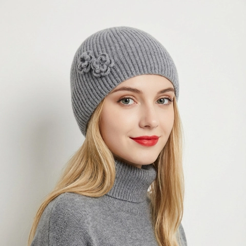 Women Knitted Beanie Hat Warm Acrylic Ribbed Pullover Cap With Side Flower Decor Autumn Winter Elegant Retro