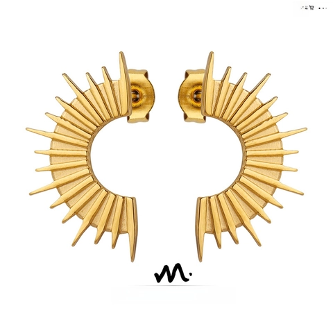 Orecchini A Lobo Vintage Francese Nicchia Sole Raggiante Mezza Luna Punte Forma C Acciaio Inossidabile Placcato Oro 18K