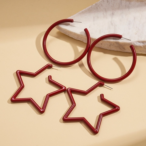 Acrylic Star Geometric Hoop Earrings With Steel Earring Post Dark Red High Gloss Minimalist Fashion Jewelry For Women