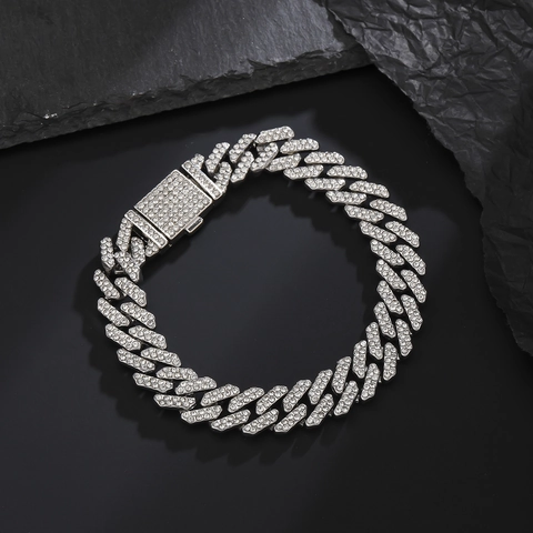 Iced Out Hip Hop Cuban Link Chain Rhinestone Alloy Necklace Bracelet Jewelry Luxury Punk Style For Men Women