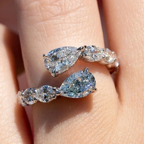 Elegant Toi Et Moi Open Ring With Pear Cut Cubic Zirconia In Copper Platinum Plated For Women Fashion Jewelry