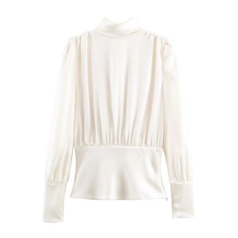 Damen Satin Bluse Langarm Stehkragen Schluppe Rückenfrei Elegant Tailliert Oberteil