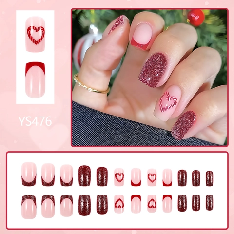 Unghie Finte Corte Lucide Quadrate Con Motivo a Cuore Glitter French Tips Dolce Rosso Rosa per San Valentino Appuntamenti