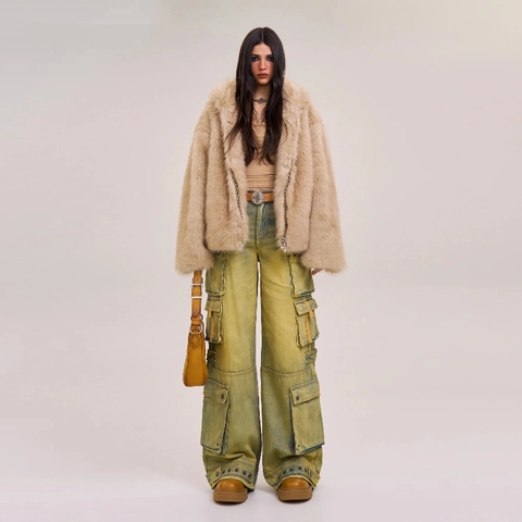 Retro Washed Denim Cargo Pants Women Multi Pocket Wide Leg Streetwear Straight Baggy Trousers