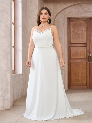 Vestido De Novia Talla Grande Blanco Satén Encaje Cuello Hamaca Tirantes Finos Elegante Largo Vestido De Fiesta