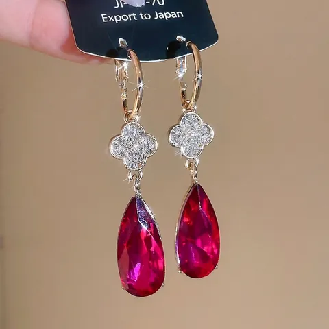 Rote Wassertropfen Anhänger Ohrringe Mit Kleeblatt Strass Und Silbernem Ohrstecker Eleganter Schmuck Für Damen