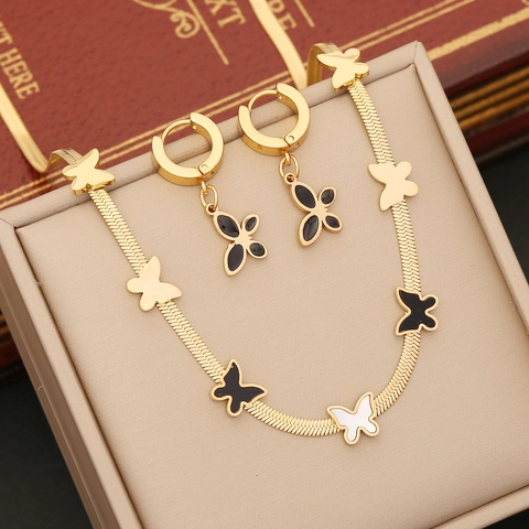 Collana Con Ciondolo A Farfalla Acciaio Inossidabile Bracciale Orecchini Placcato Oro Catena Osso Serpente Gioielli Moda Donna