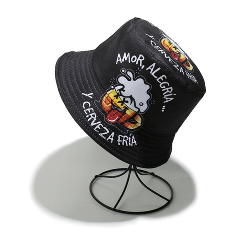 Cartoon Beer Print Bucket Hat Polyester Spanish Text Sun Protection Music Festival Streetwear For Men And Women