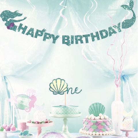 Mermaid Happy Birthday Banner Glitter Paper Mermaid Tail Silhouette Decoration Garland For Birthday Party Celebration