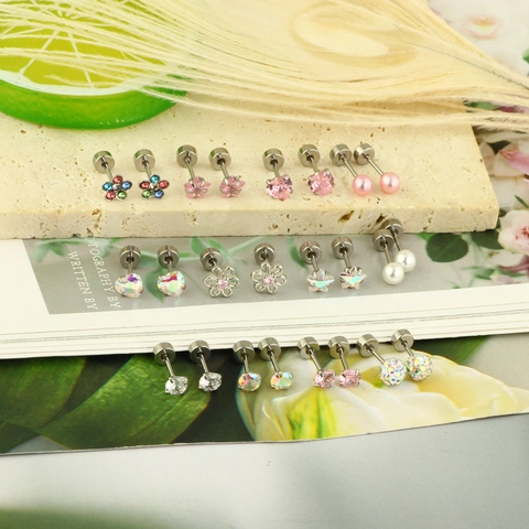 Stainless Steel Stud Earrings Zircon Faux Artificial Pearl Heart Star Flower Shapes Screw Back Cartilage Piercing Jewelry