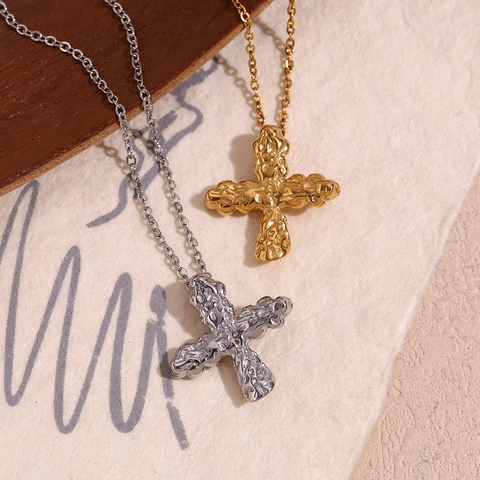 Collana Con Pendente A Croce Martellata Vintage Acciaio Inossidabile 316L Placcato Oro 18K Texture Fusa Gioielli Donna